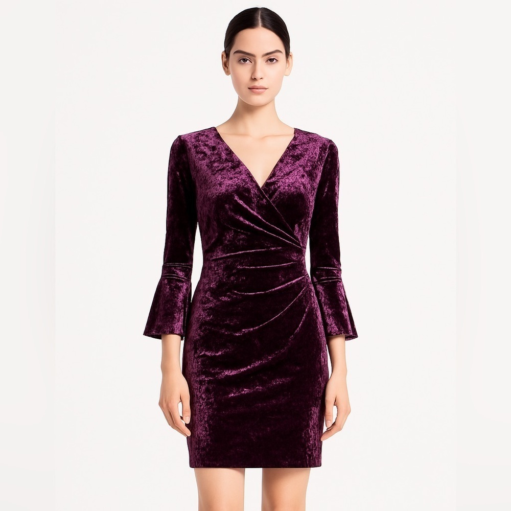 Lauren Ralph Lauren Dark Purple Dress Bell-Sleeve Velvet Size 4P New